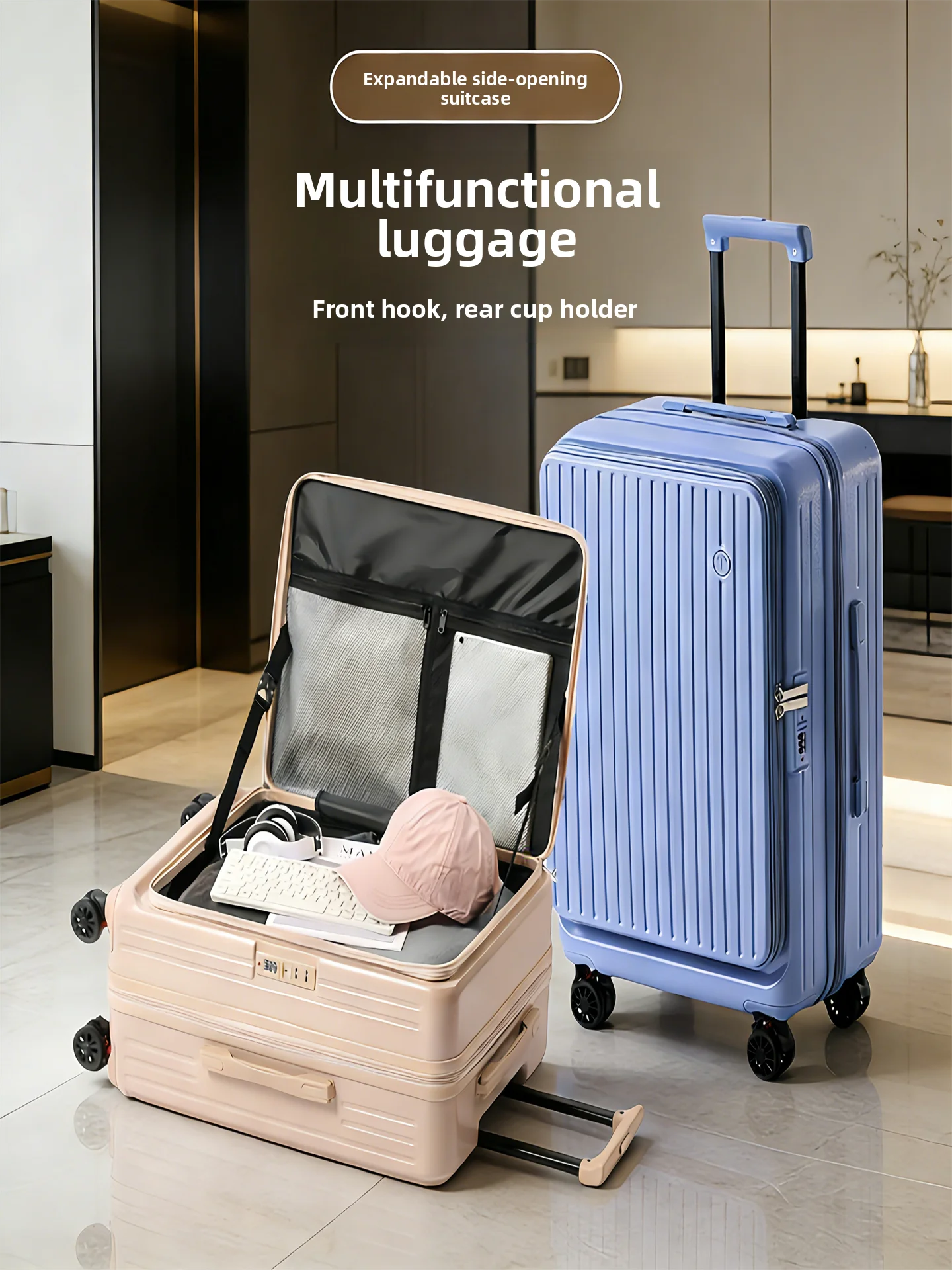 30-Inch Expandable Luggage Suitcase with Carry-On 20-Inch Flip Cover Pull Rod PC Travel Bag Large Capacity Side Opening Silent