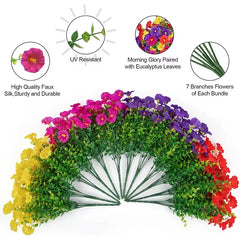 4Bundles Artificial Flowers Fake Silk Morning Glory Flower Eucalyptus Plants UV Resistant Garden Summer House Outdoor Decoration Home Decor, Plants & flowers