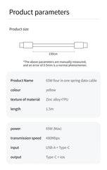 4 in 1 PD 27W 65W Fast Charging Spring Cable USB Type C To Type C And Lightning Data Cable Wire For iPhone 15 16 Samsung Xiaomi