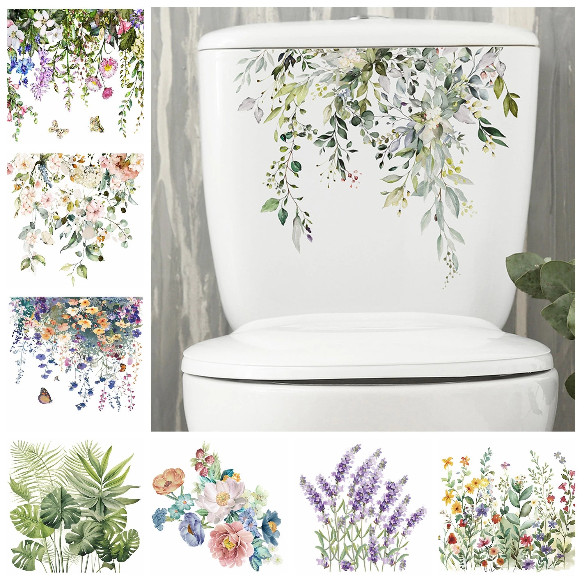 Green Plant Leaves Bathroom Toilet Sticker WC Closestool Wall Sticker Self Adhesive Mural Beautify Flower Home Decor Decals