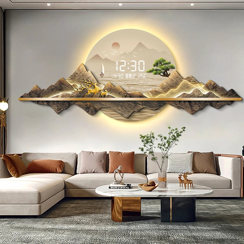 New Chinese style living room decoration painting 2025LED light clock wall mounted digital display electronic clock painting