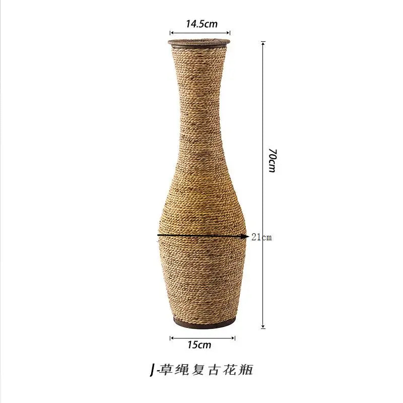 Ins Grass Rope Woven Vase Handmade Flower Insert Holder Large Floor Standing Living Room Decor Retro Versatile Flower Basket