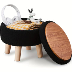 Velvet Round Ottoman with Wood Legs Multifunctional Footrest