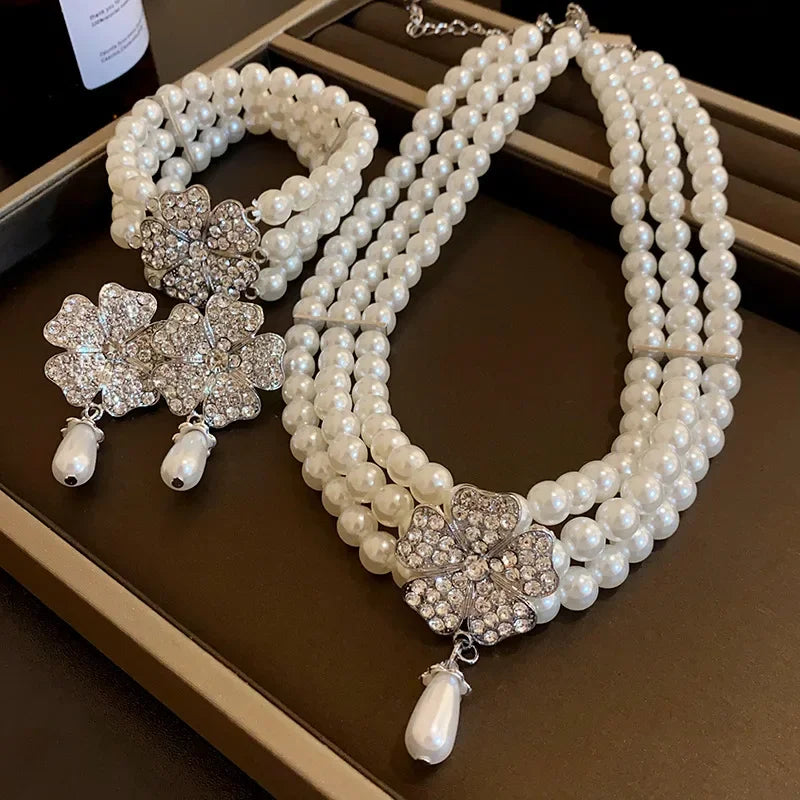 French Luxury Flower Pearl Jewelry Set – Multi-Layer Necklace & Earrings