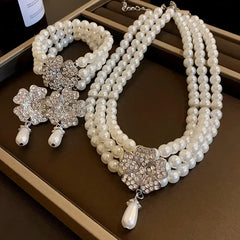 French Luxury Flower Pearl Jewelry Set – Multi-Layer Necklace & Earrings