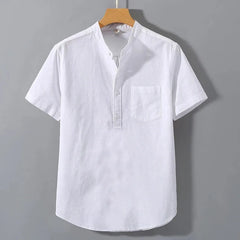 Mens Short Sleeve T Shirts Solid color Stand Up Shirt Summer Trendy Breathable Loose Youth Basic Cotton Pocket Top