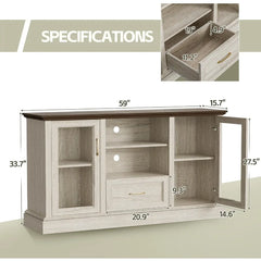 Farmhouse TV Stand for 70 Inch TV Entertainment Unit with Glass Door Storage Cabinets Adjustable Shelves Modern Media Console Living Room Furniture