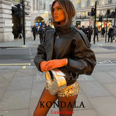 KONDALA Black Leather Jacket – Oversized Spring Coat