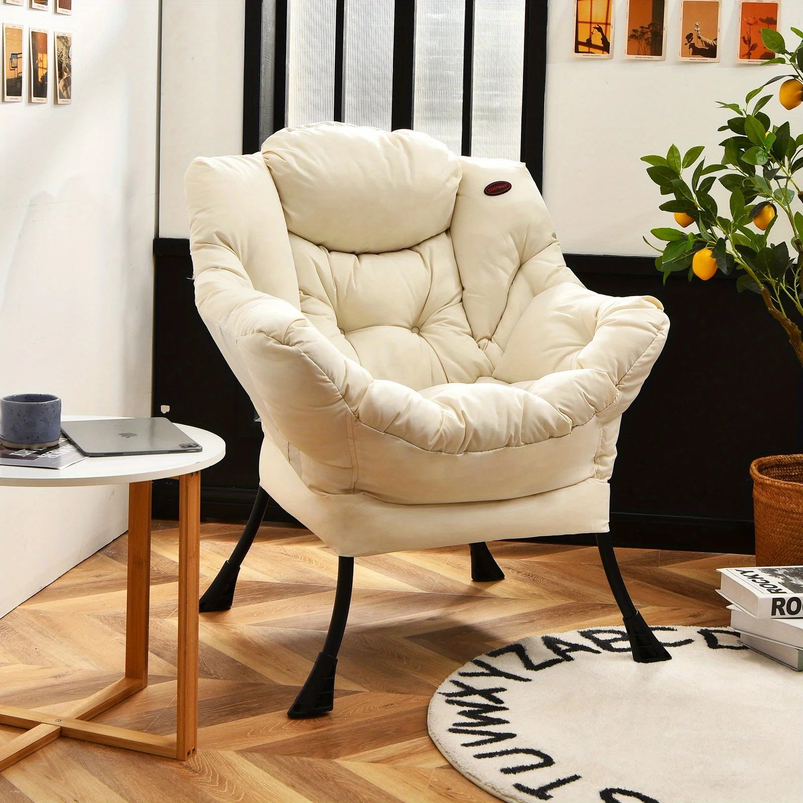 Costway Modern Polyester Fabric Lazy Chair Single Corner Sofa Chair W Side Pocket Beige Living Room Furniture