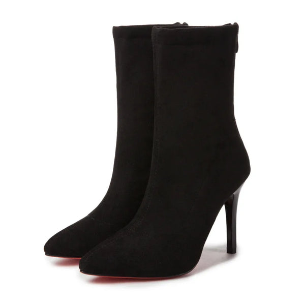 Autumn Winter New High Heel Velvet Short Boots Pointed Toe Solid Color Thin Heel Suede Versatile Sock Boots Stretch Women Shoes