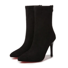 Autumn Winter New High Heel Velvet Short Boots Pointed Toe Solid Color Thin Heel Suede Versatile Sock Boots Stretch Women Shoes