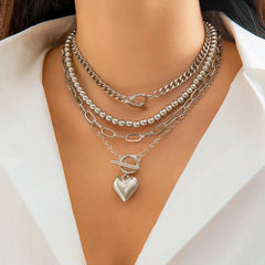 4Pcs/Set Punk Gold Color Heart Pendant Necklace Trendy OT Buckle Beaded Neck Chain Choker Y2K Jewelry Accessories