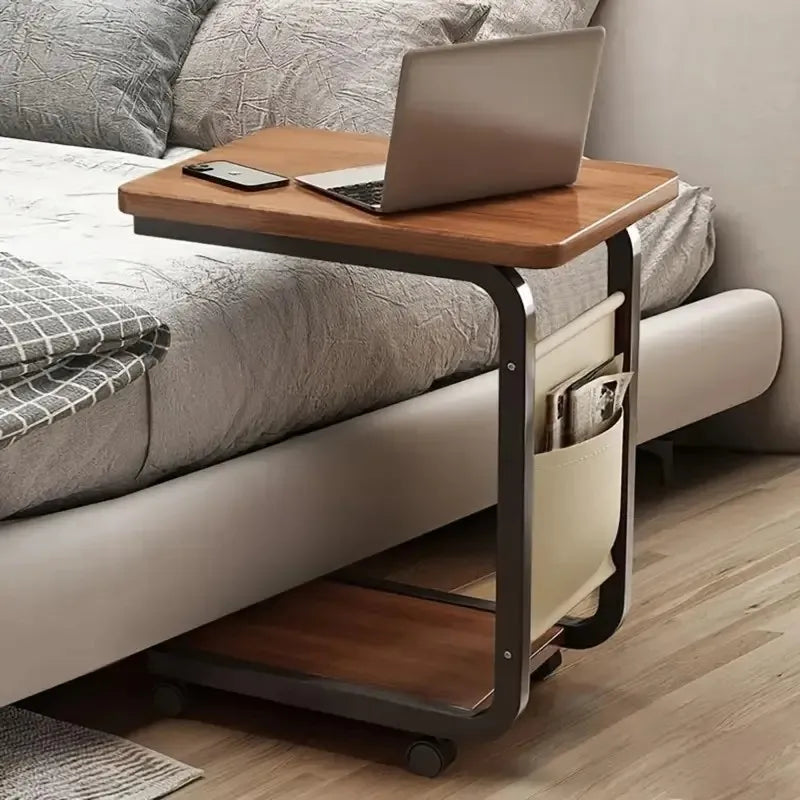 1pc Brown Rolling Side Table with Storage Bag - Solid Wood Table, C-Shaped Desk for Sofa and Bedside, Metal Frame Bedroom Furniture