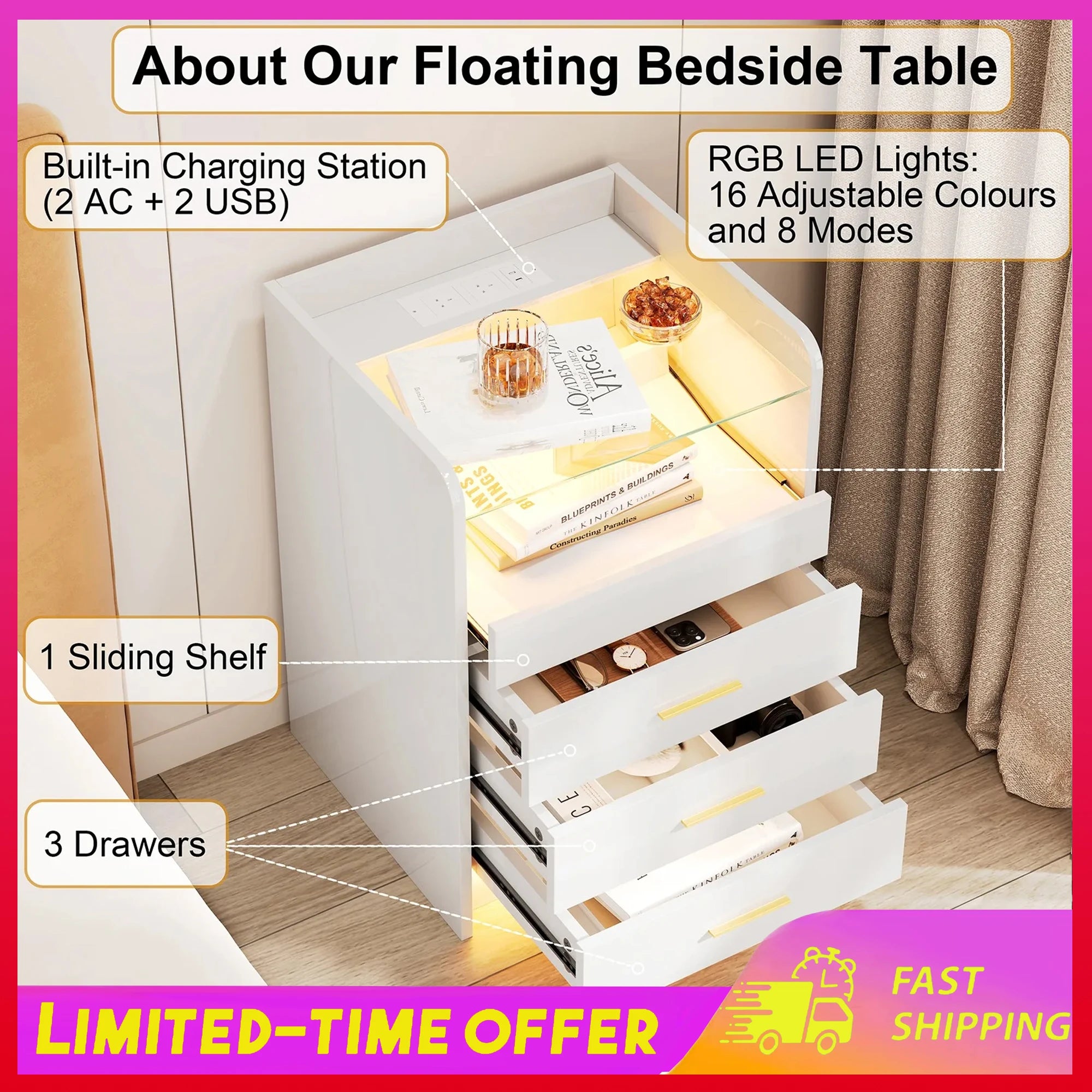 Wooden Bedside Table Charging Station Nightstands Light Strip for Sofa Side Bedroom Living Room UK Plug Home Bedroom Furniture
