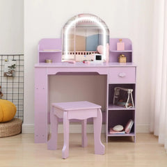 Lighted Princess Vanity Table with Stool Kids Makeup Desk Set Featuring , Drawer & Storage Shelves Girls Room Decor Dressing Table Bedroom Furniture