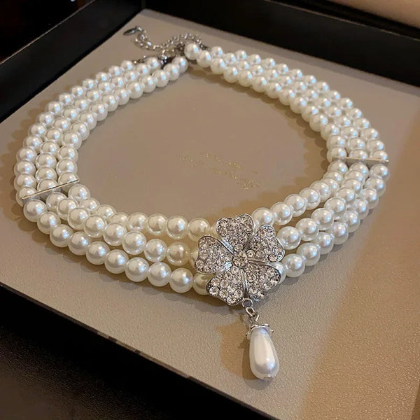 French Luxury Flower Pearl Jewelry Set – Multi-Layer Necklace & Earrings