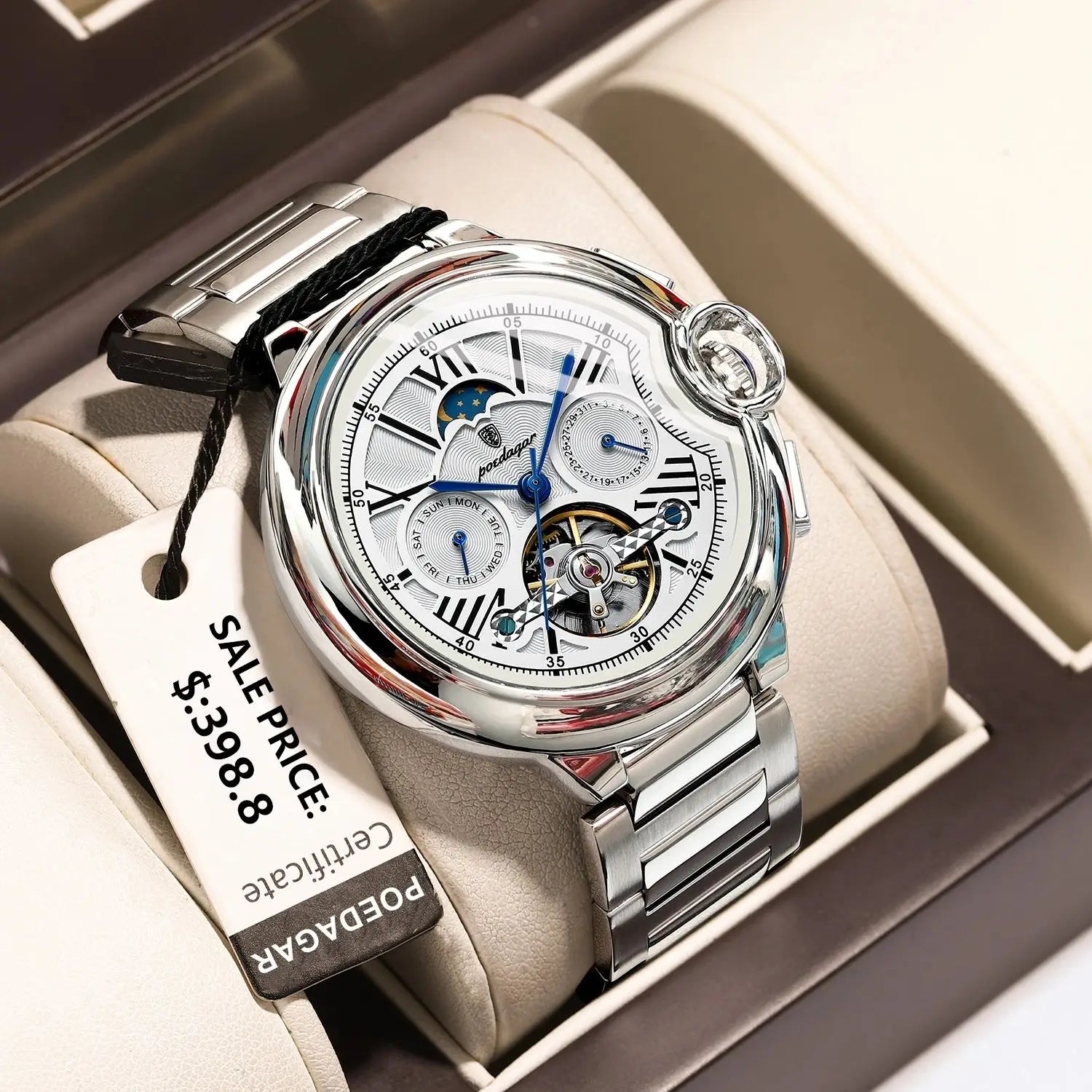 POEDAGAR Luxury Man Watch Tourbillon Date Week Stainless Steel Men Watch Waterproof Automatic Mechanical Military Men's Watches