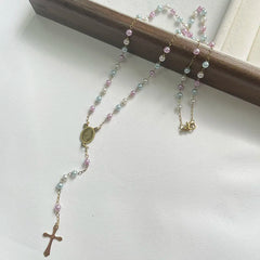 Y Shape Beads Chain Gold Color Stainless Steel Virgin Mary Cross Rosary Pendant Long Necklace Women Girls Jewelry Spiriti Pray