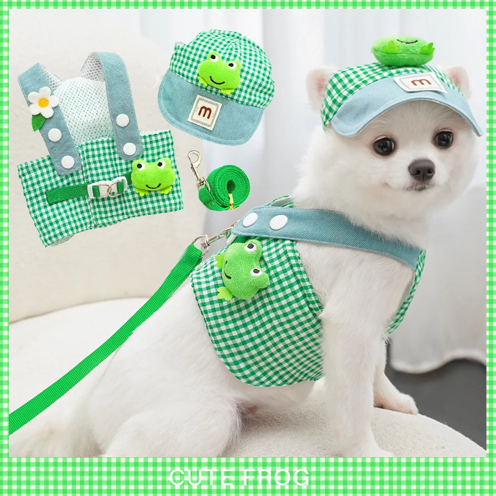 Cartoon Pet Harness Leash Sun Hat Set Cute Kitten Puppy Costume Cat Small Dogs Vest Harness Rope Cap 3pcs Outdoor Pet Shop