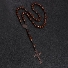 Christ Jesus Wooden Beads 8mm Rosary Bead Cross Car Pendant Woven Rope Chain Necklace Religious Orthodox Praying  Jewelry