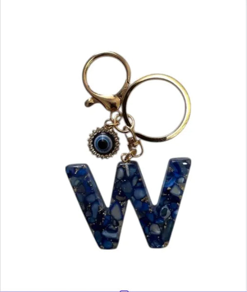 Blue Resin Initial Keychain - Evil Eye Letter Charm with Rhinestones & Tassel, Stylish Gift for Women, Lobster Clasp Accessory
