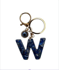 Blue Resin Initial Keychain - Evil Eye Letter Charm with Rhinestones & Tassel, Stylish Gift for Women, Lobster Clasp Accessory