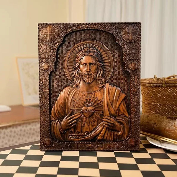 High Quality Religious Wooden Sacred Heart of Jesus Catholic Statue Plaque Wall Decor