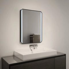 Haodirect Black Frame Rectangular Round Corner Bathroom Mirror with LED Light, Touch Switch Bathroom Vanity Mirror