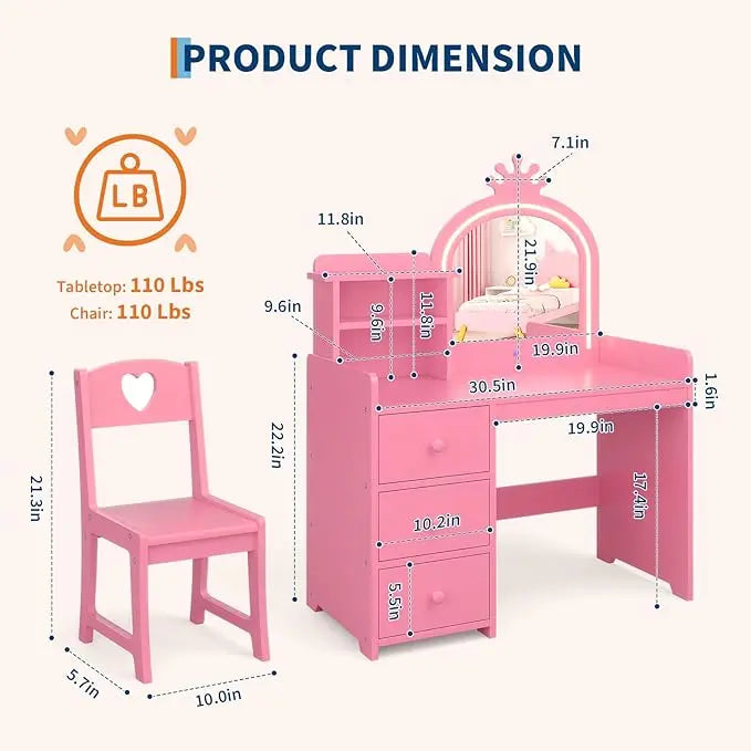 Kids Vanity Desk with Mirror and Lights, White Princess Wooden Makeup, Storage Shelves and Drawers, 2-in-1 Girls Dressing Table Bedroom Furniture