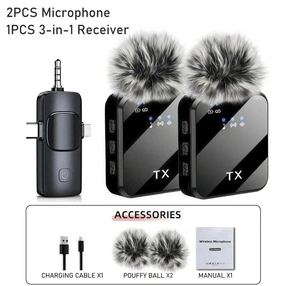 3in1 Wireless Lavalier Microphone for Camera,Android,iPhone,Microphone for Video Recording Recording Podcast Noise Reduction Mic