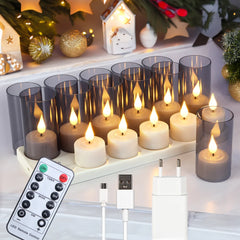 LED Candle Light Rechargeable Flameless Candles Timer Remote Tea Lights With Black Cups For Wedding Home Decor Christmas Lamp