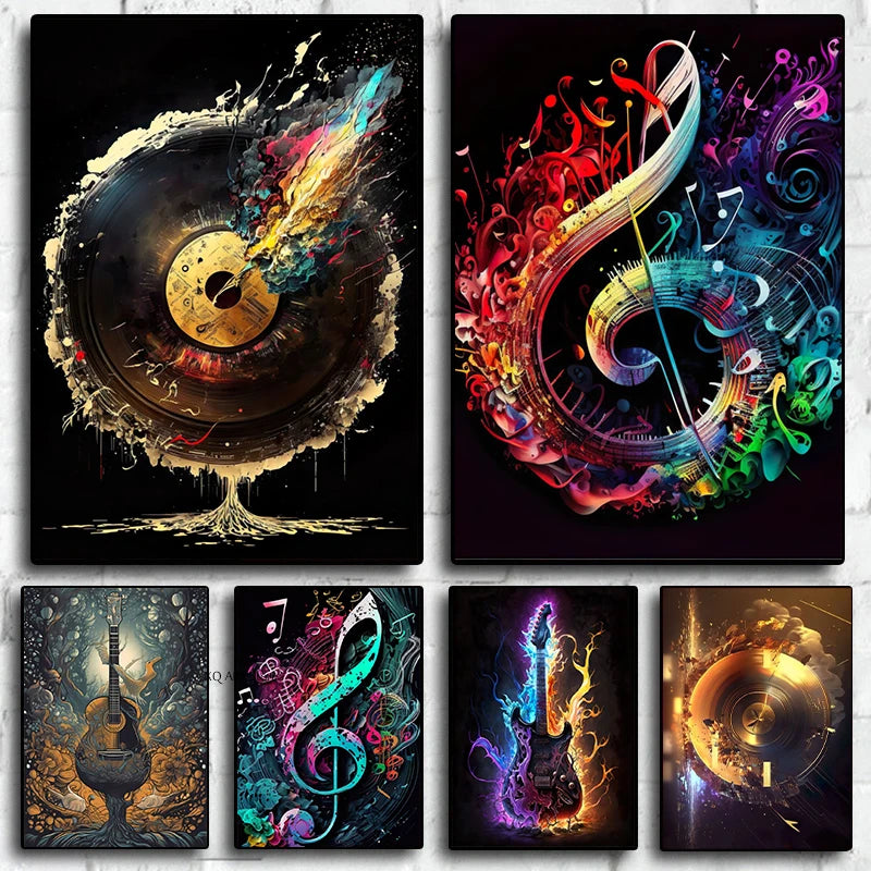 Colorful Symphony Guitar Canvas Wall Decor Musical Inspiration Poster Print Wall Art for Living Room Home Decor Frameless Gifts