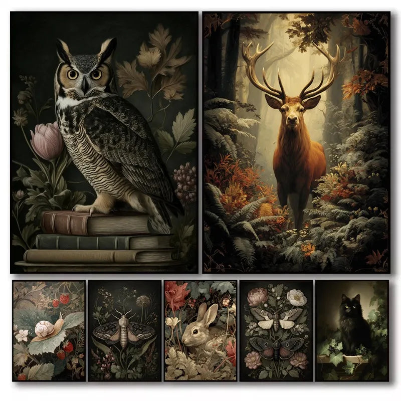 Vintage Dark Gothic Insect Moth Wood Animals Deer Owl Botanical Poster Canvas Painting Wall Art Pictures Home Interior Decor