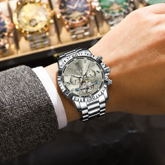 POEDAGAR Top Luxury Men Watch Automatic Date Week Man Wristwatch Hollow Tourbillon Mechanical Stainless Steel Men's Watches Male