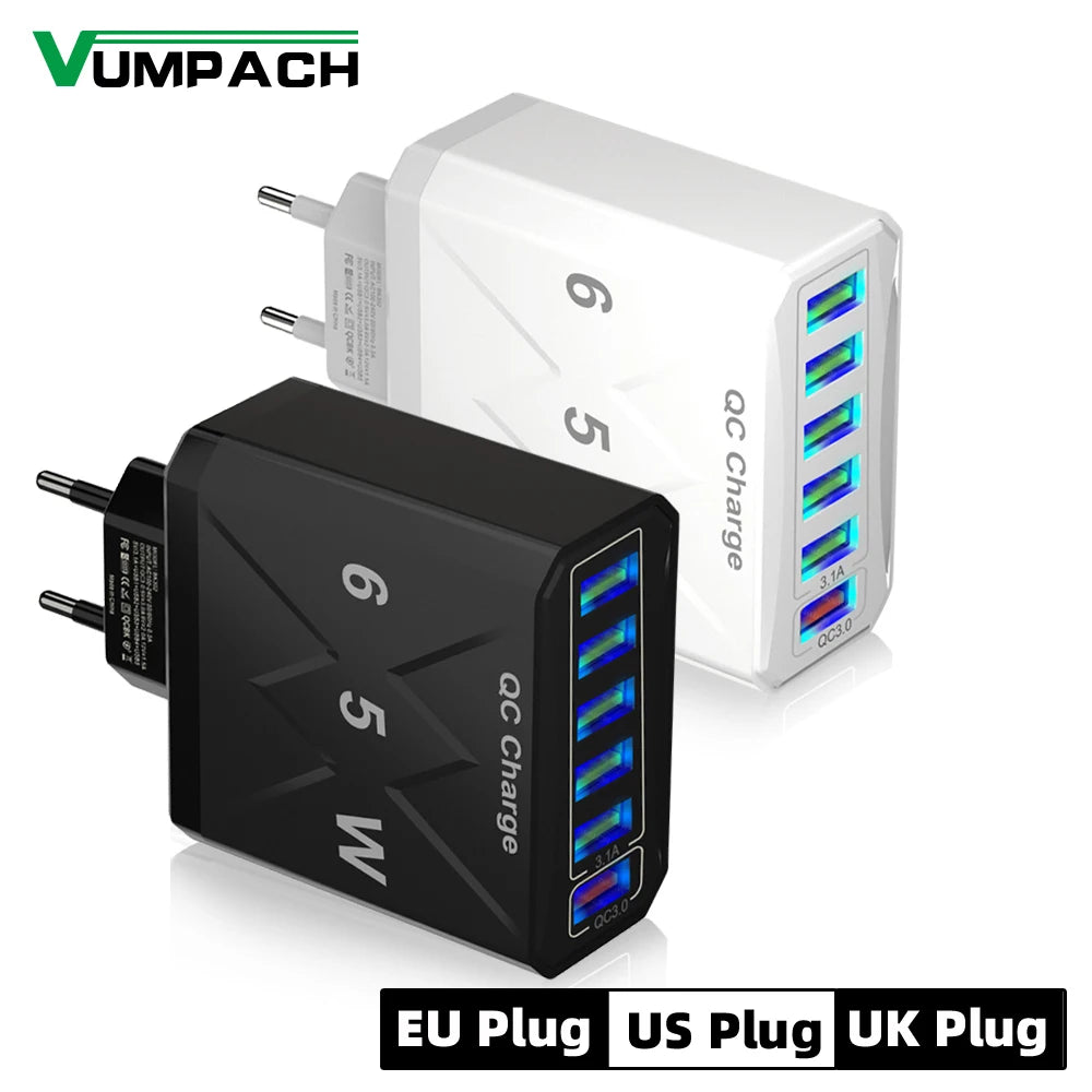 65W 6-Port Fast Charger – QC3.0 Travel Adapter