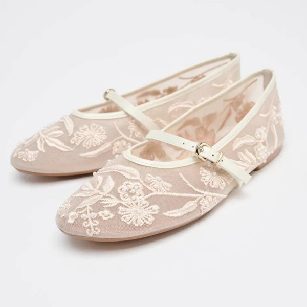 Mesh Embroidery String Bead Brand Women Ballet Flats Fashion Buckle Breathable Mary Jane Shoe Comfort Low Heel Soft Flat Shoes