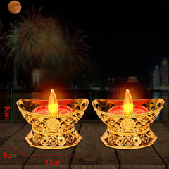 Pair Electric Thailand Candle & Candlestick 2AAA RICH Wealth Eternal Lamp Butter lamp For Buddhism Festival  Chinese New Year Home Decor