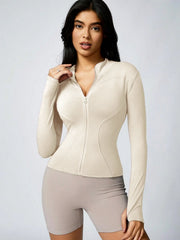 Women's Solid Color Zipper Turtleneck Sports Jacket, Long-Sleeved Sports Top, Gym Wear, Ladies' Sportswear for Indoor and Outdoo