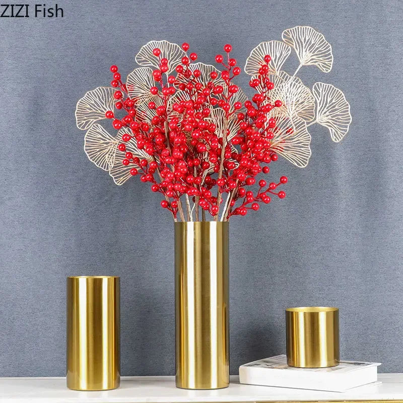 Gold-plated Brass Cylinder Vase Artificial Flowers Decorative Flower Arrangement Desk Decoration Minimalism Metal Floral Vases Home Decor