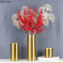 Gold-plated Brass Cylinder Vase Artificial Flowers Decorative Flower Arrangement Desk Decoration Minimalism Metal Floral Vases Home Decor