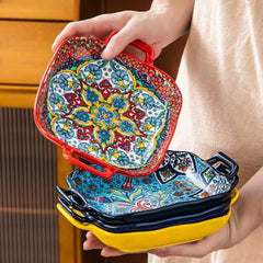 1 piece of 9-inch Bohemian style salad plate with double ear ceramic pasta dish, can be used for oven, microwave