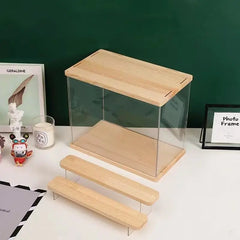 Clear Acrylic Figure Display Cabinet With Solid Wood Step Stand for Blind Box Toy, Cosmetic, Souvenir Display Box With Light Kitchen & Dining Furniture