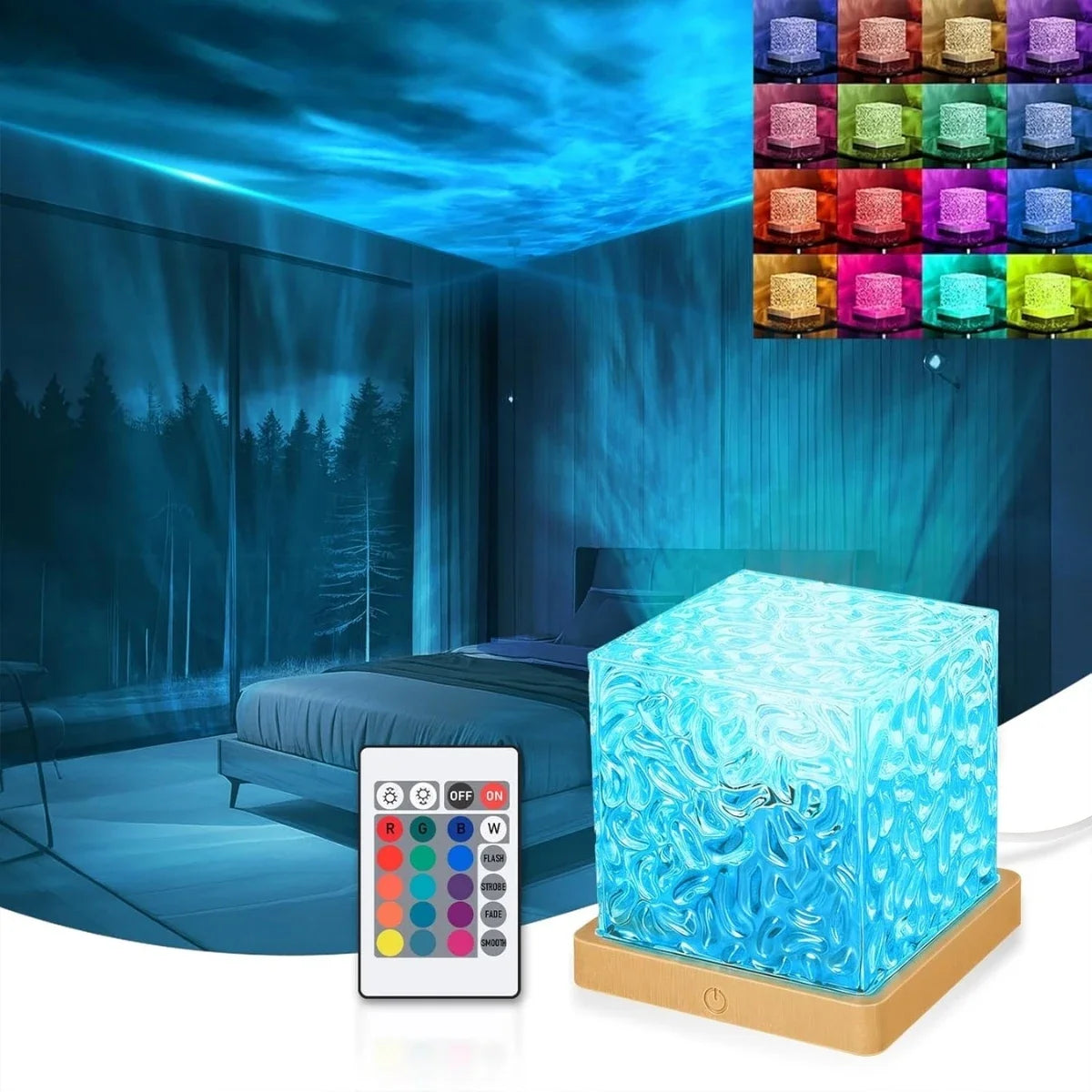 RGB 16-Color Plug-In Water Ripple Ambient Light Rotating Table Lamp  Night Light for Bedroom Living Room Lighting Decoration