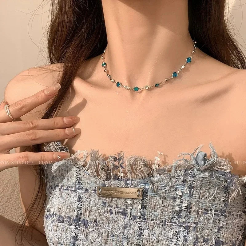 LATS Romantic Blue Crystal Butterfly Necklace Girls Simple Shiny Zircon Bilayer Choker Clavicle Chain New Fine Jewelry