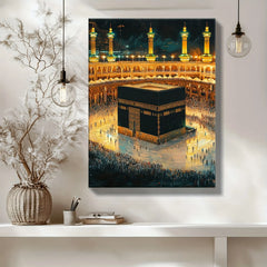 Glowing Kaaba Canvas Wall Art - Islamic Mecca Night Scene with Gold Minaret for Home Decor, Ramadan & Hajj Muslim Religious Gift