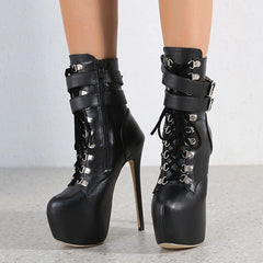Liyke Sexy Buckle Strap 16.5 CM Extreme High Heels Platform Boots For Women Round Toe Cross Lace Up Party Club Stripper Shoes