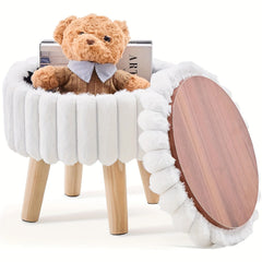 Velvet Round Ottoman with Wood Legs Multifunctional Footrest