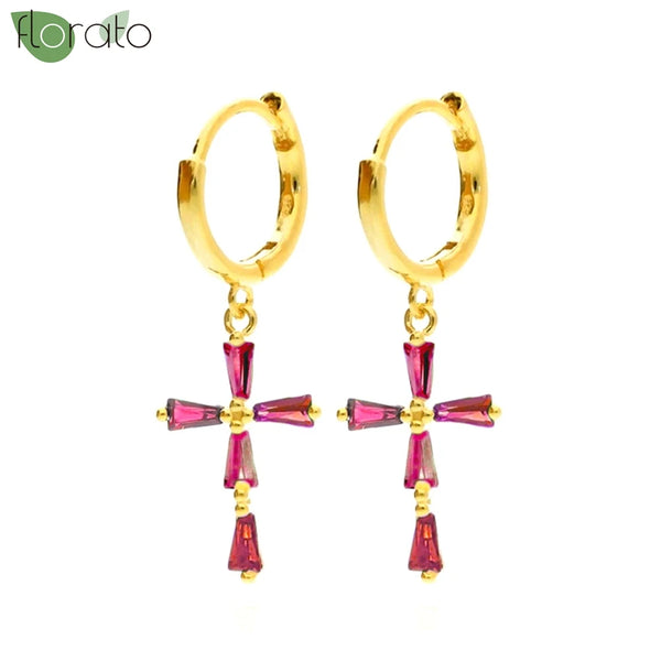 925 Sterling Silver Needle Fashion Cross Pendant Hoop Earrings for Women Vintage Gold Color Small Earrings Luxury Jewelry Gifts