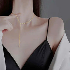 LATS Gold Color Double Layered Long Tassel Chain Necklace Simple Metal Geometric Bead Choker Necklace Fashion Jewelry