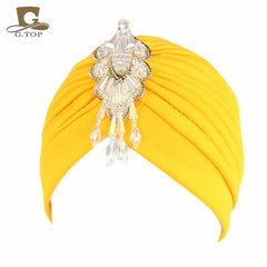 NEW Luxury Divas Stretchable turban Head wrap hat with beaded pendant women Headwear